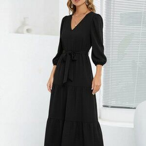 !NEW! DKNY Elegant Black Midi Dress Size 4 with Puffed Sleeves